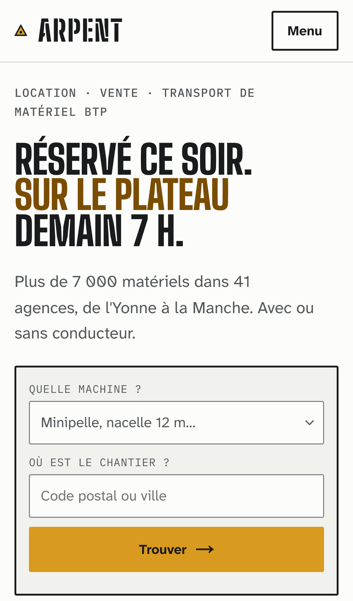 Site démo Arpent sur téléphone : recherche par machine et par chantier