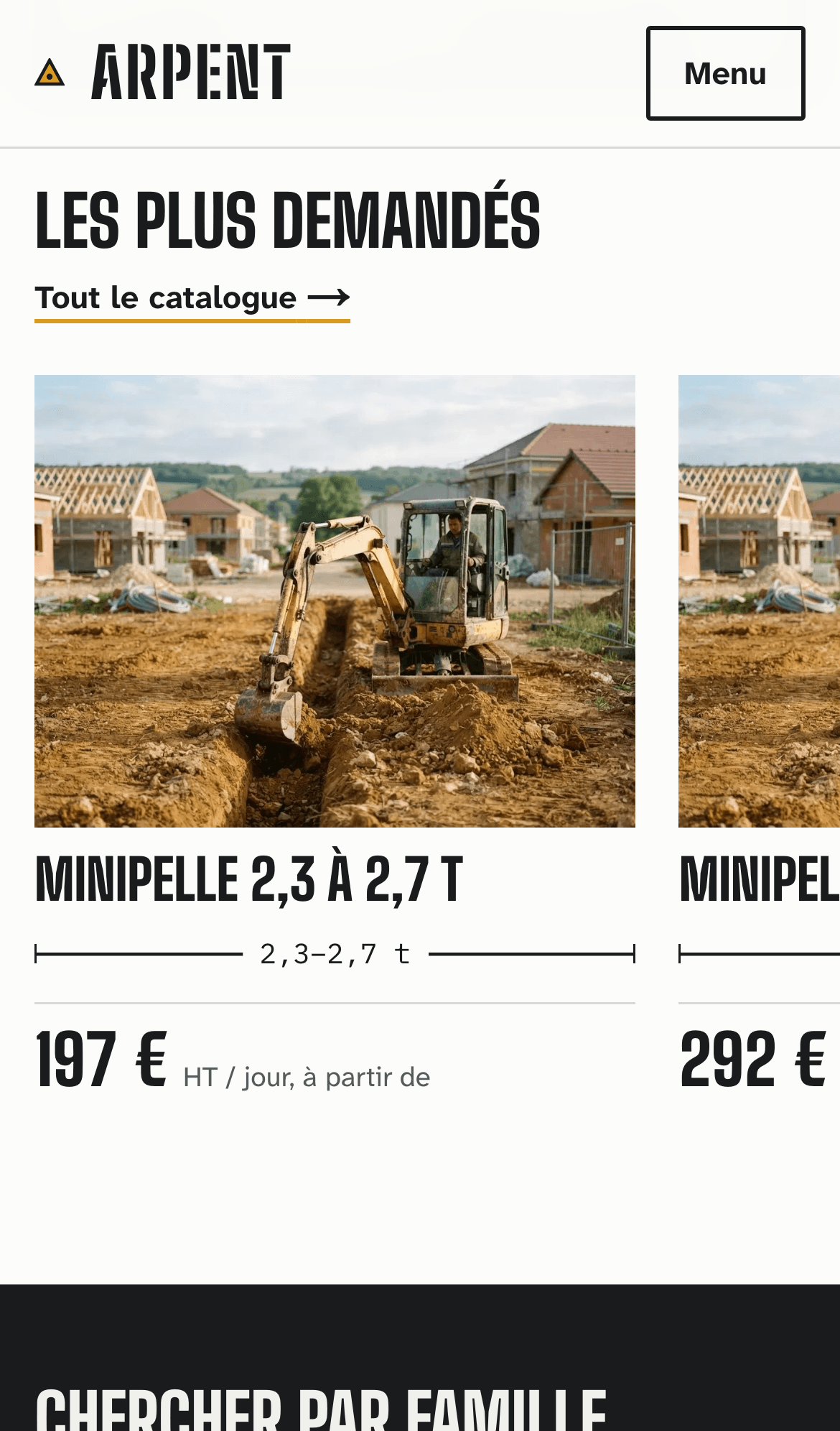 Site démo Arpent sur téléphone : fiche minipelle avec son prix