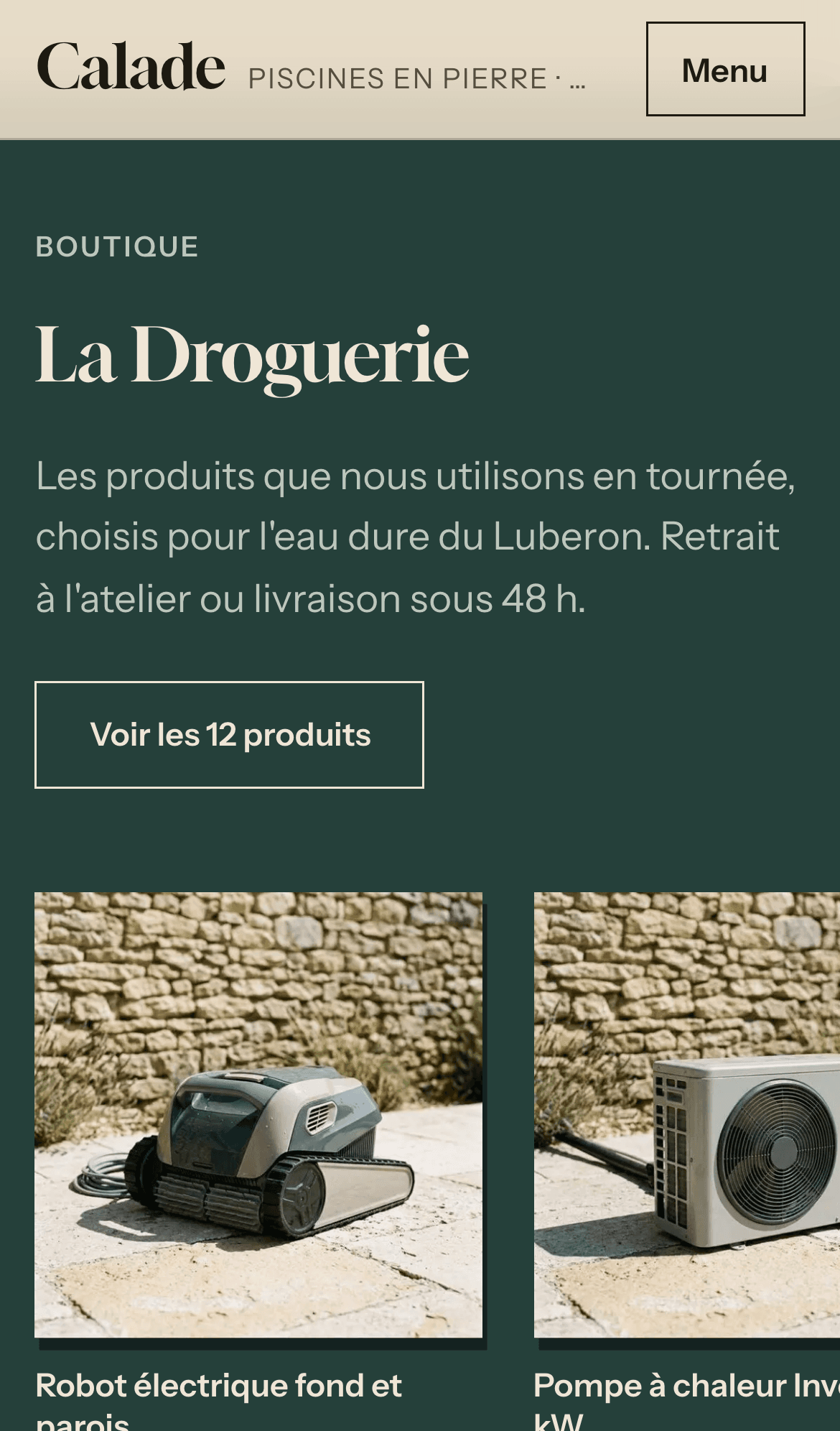 Site démo Calade Piscines sur téléphone : la Droguerie