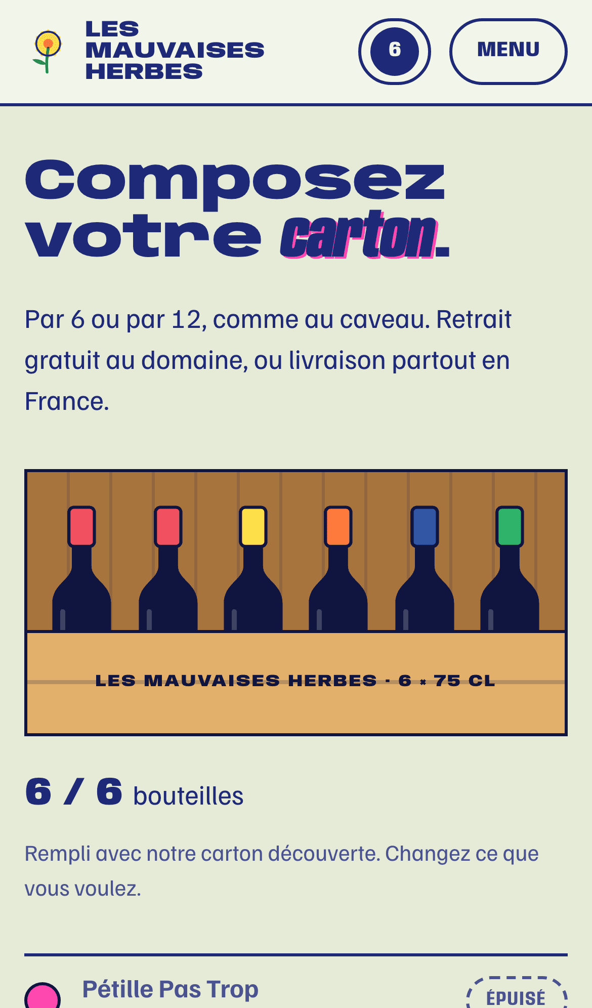 Site démo Les Mauvaises Herbes sur téléphone : composer son carton